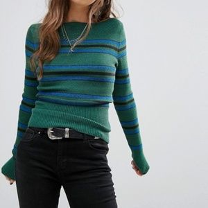 Free People Fern Stripe Crop Sweater Small Green